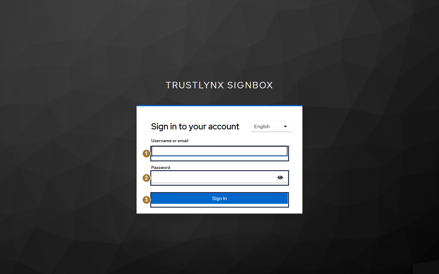 SignBox internal portal sign-in page with username/email and password fields and a Sign In button