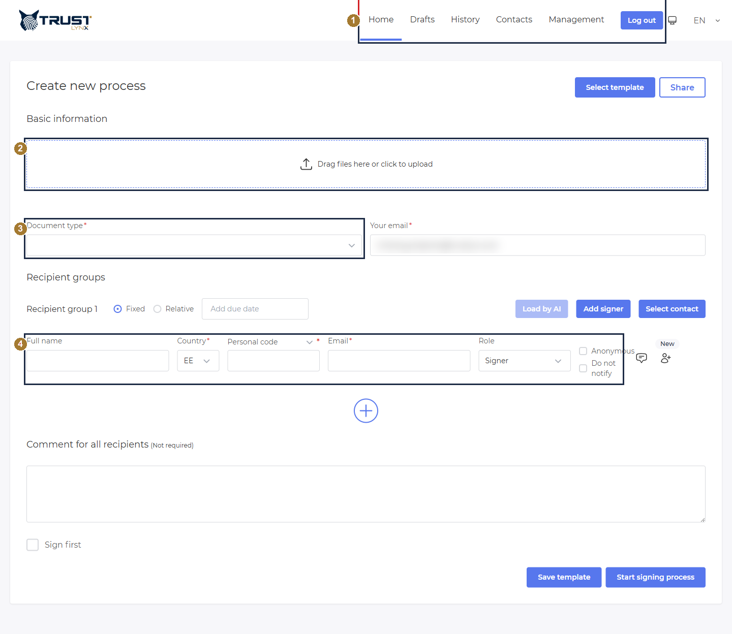 SignBox Home / Create new process page with the navigation bar, upload area, document type and recipient row highlighted
