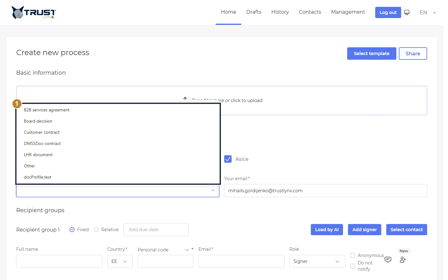 Document type dropdown open, listing the available document profiles