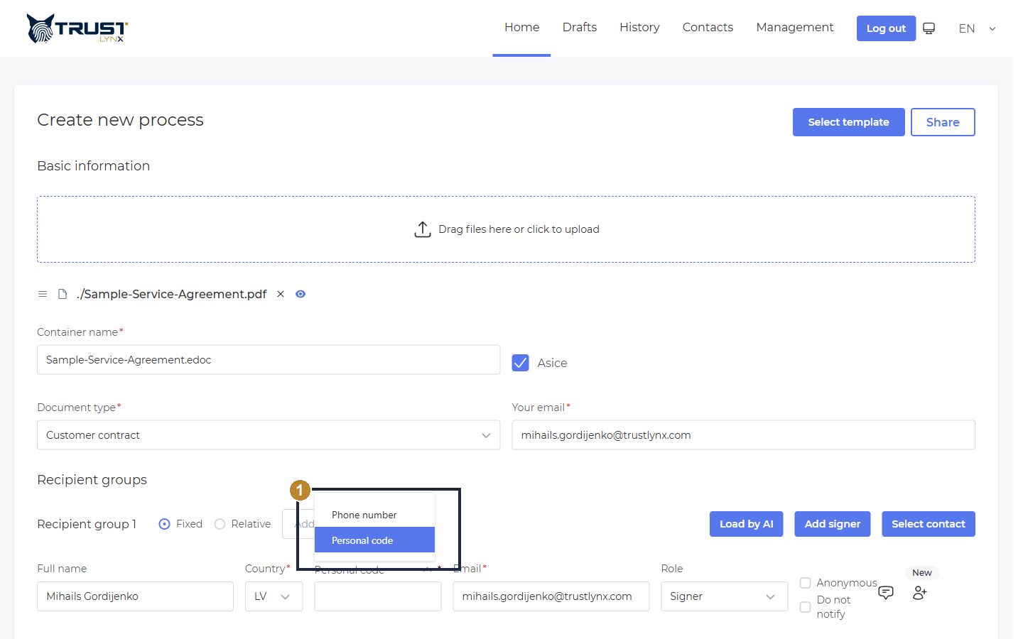 Recipient identifier-type dropdown showing the choice between Phone number and Personal code