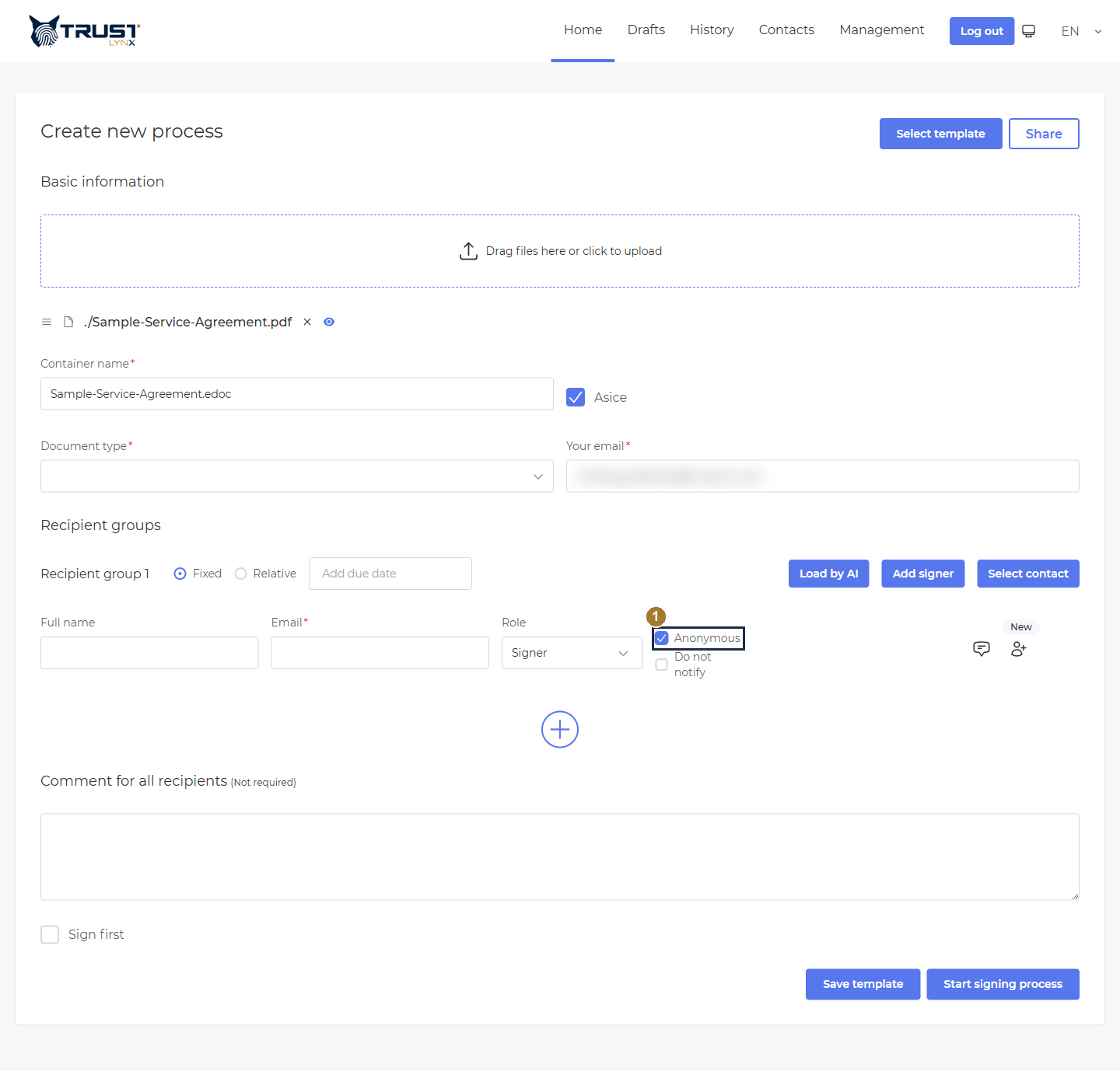 Recipient row with the Anonymous checkbox ticked; the Country and Personal code fields are gone, leaving Full name, Email, Role