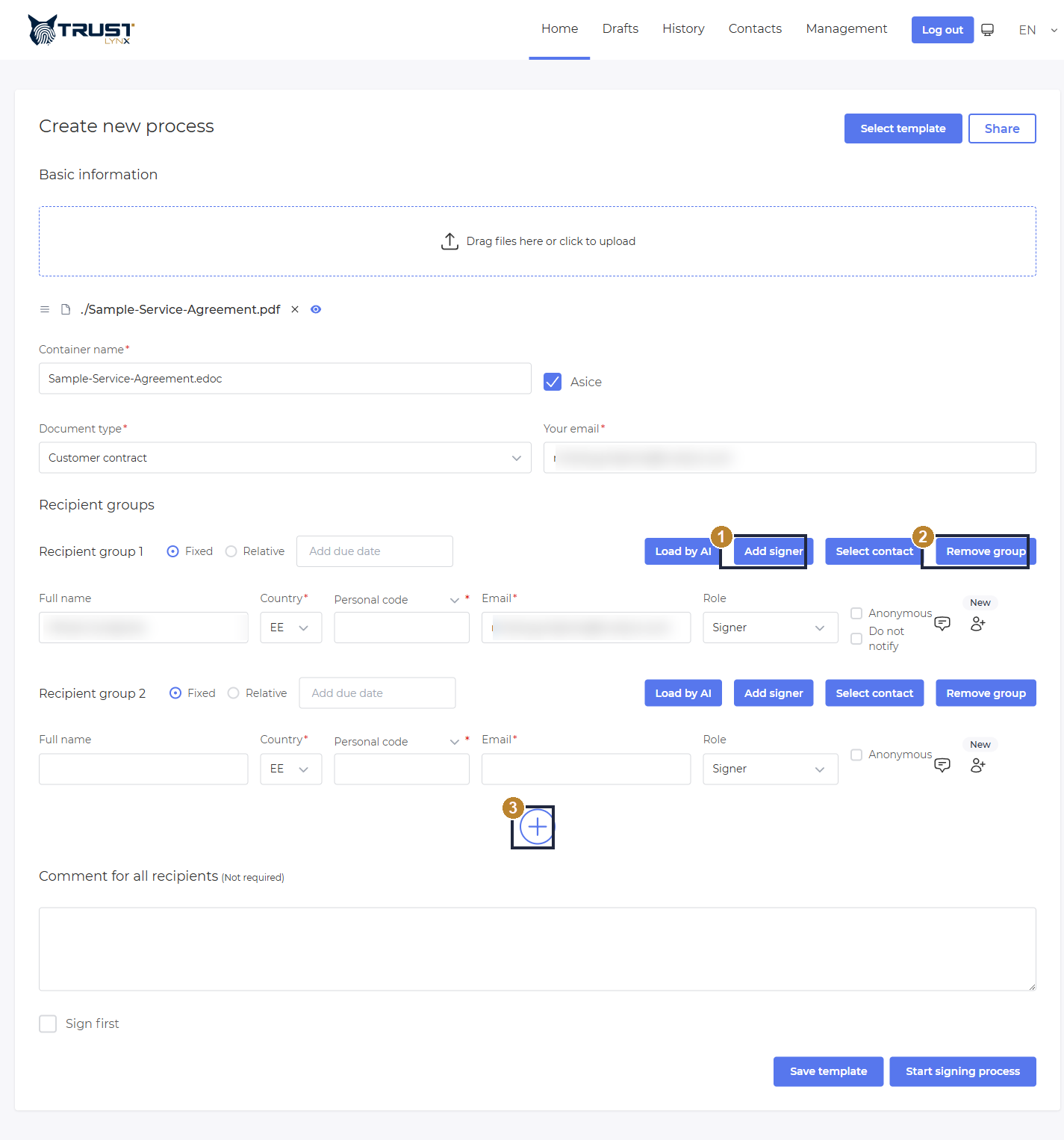 Create-process form showing two recipient groups for sequential signing, with Add signer, Remove group and the plus button highlighted