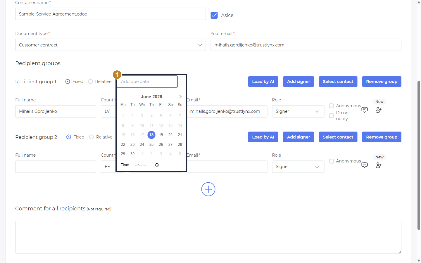 Recipient group with the due-date calendar open