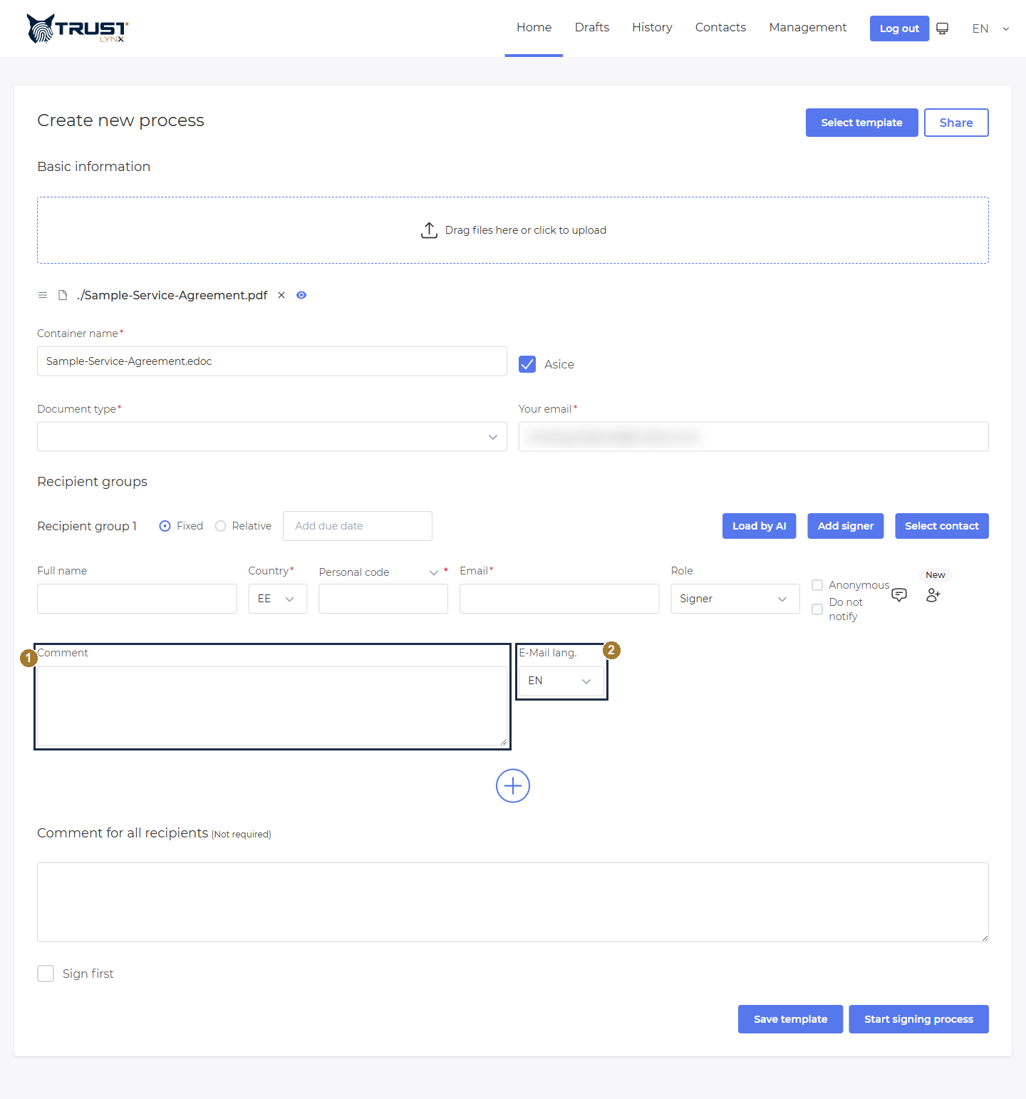 Per-recipient comment box and E-Mail language selector opened for one recipient