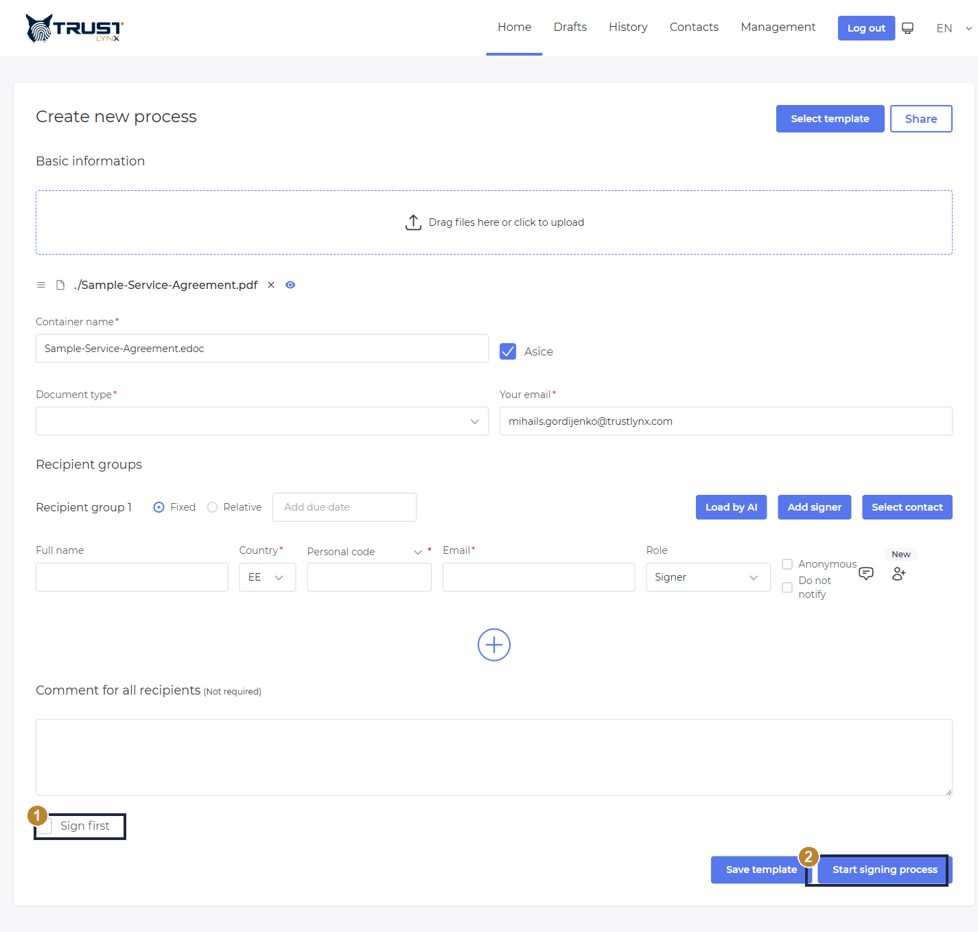 Create-process form with the Sign first checkbox and the Start signing process button highlighted