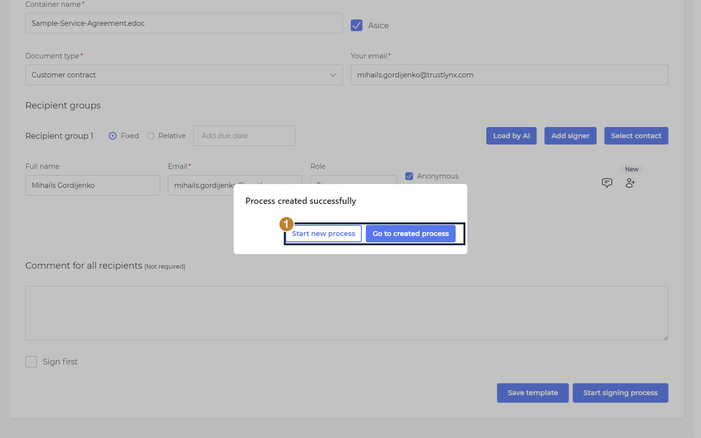 Process created successfully dialog with Start new process and Go to created process buttons