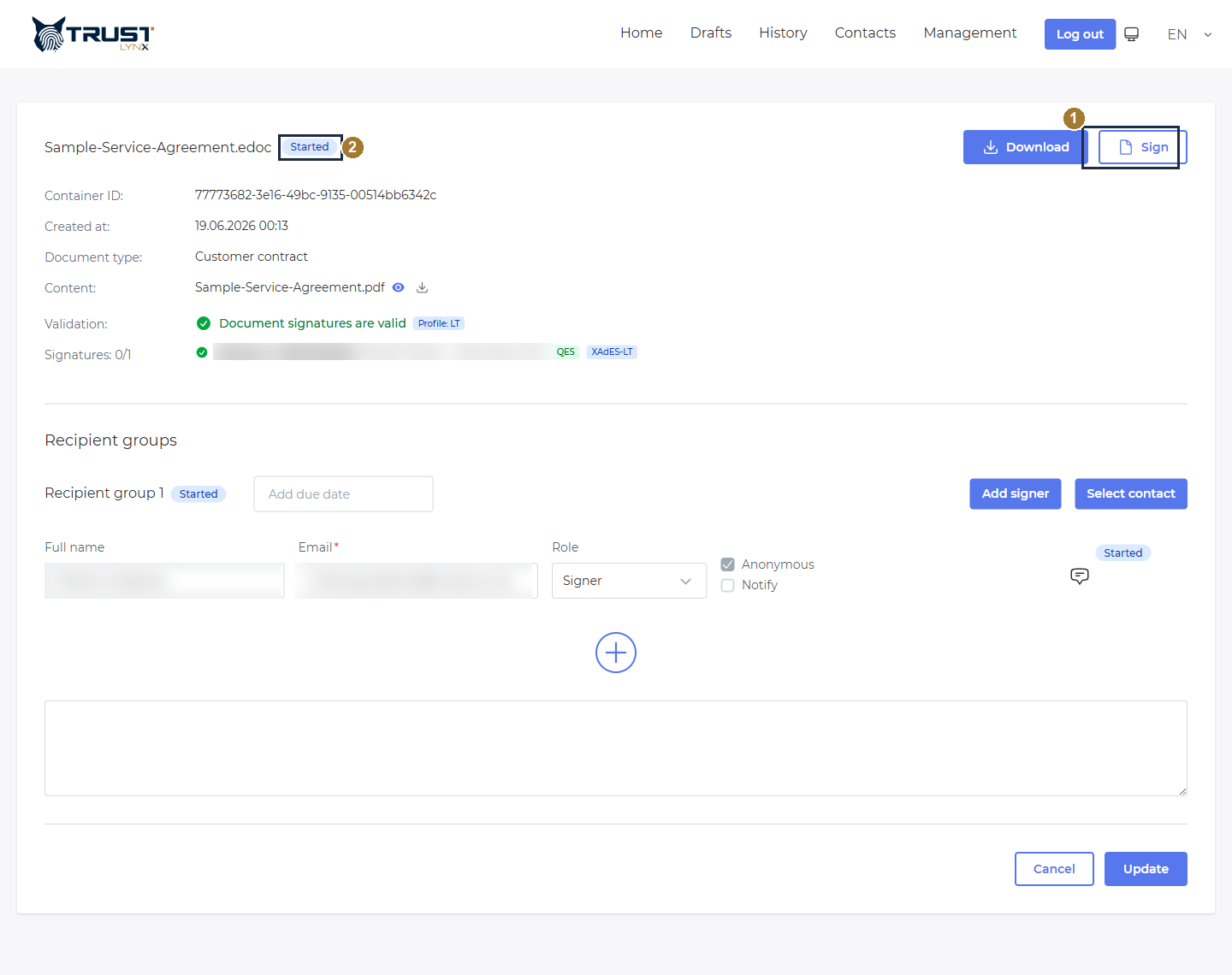 Process details page showing the Sign button and the Started status badge highlighted