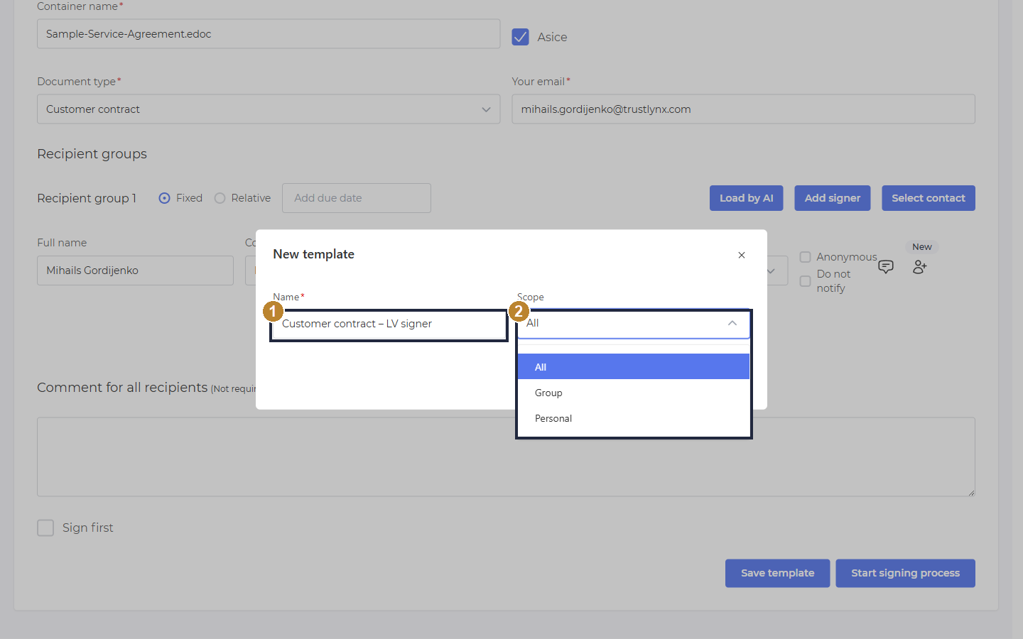 New template dialog with the Name field and the Scope dropdown (All / Group / Personal) highlighted
