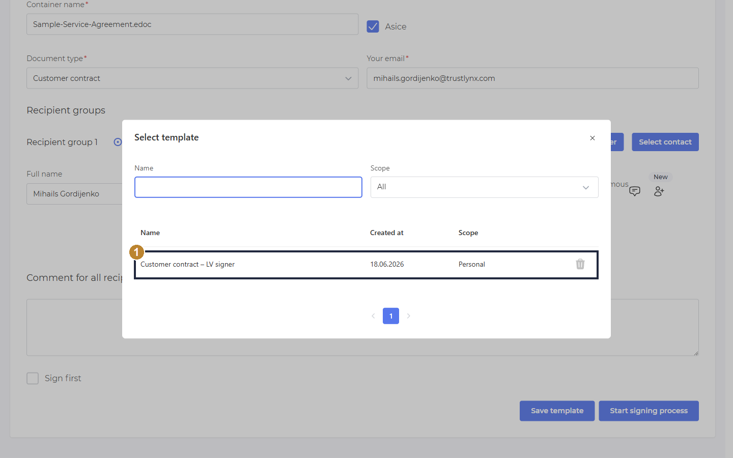 Select template dialog listing saved templates with Name, Created at and Scope columns