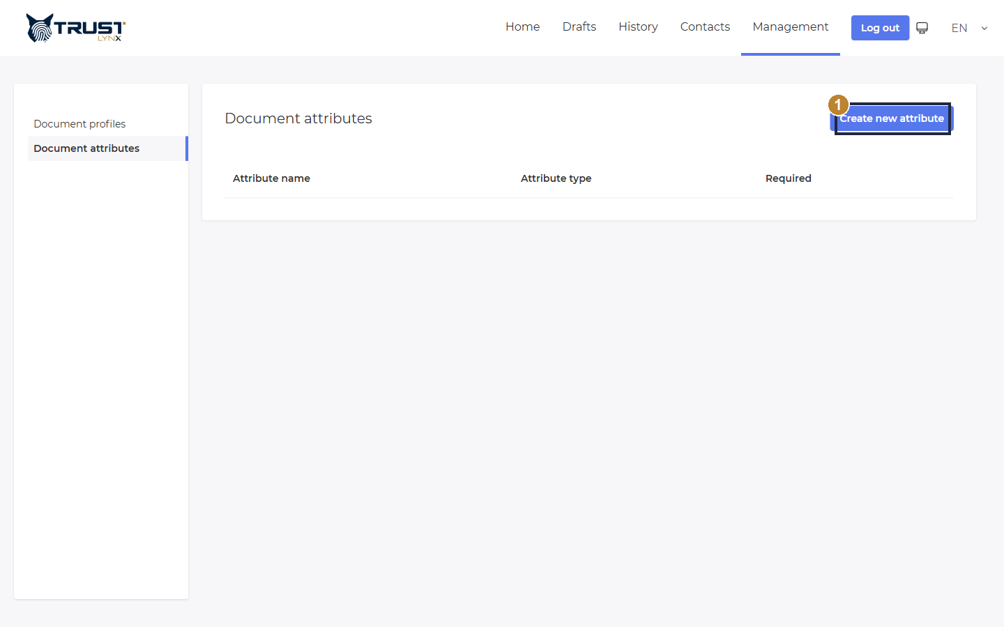 Management → Document attributes page with the Create new attribute button highlighted