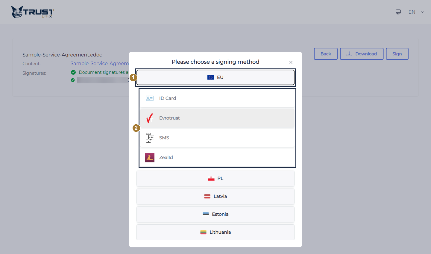 External portal Please Authorize screen with the country tabs and the EU methods highlighted