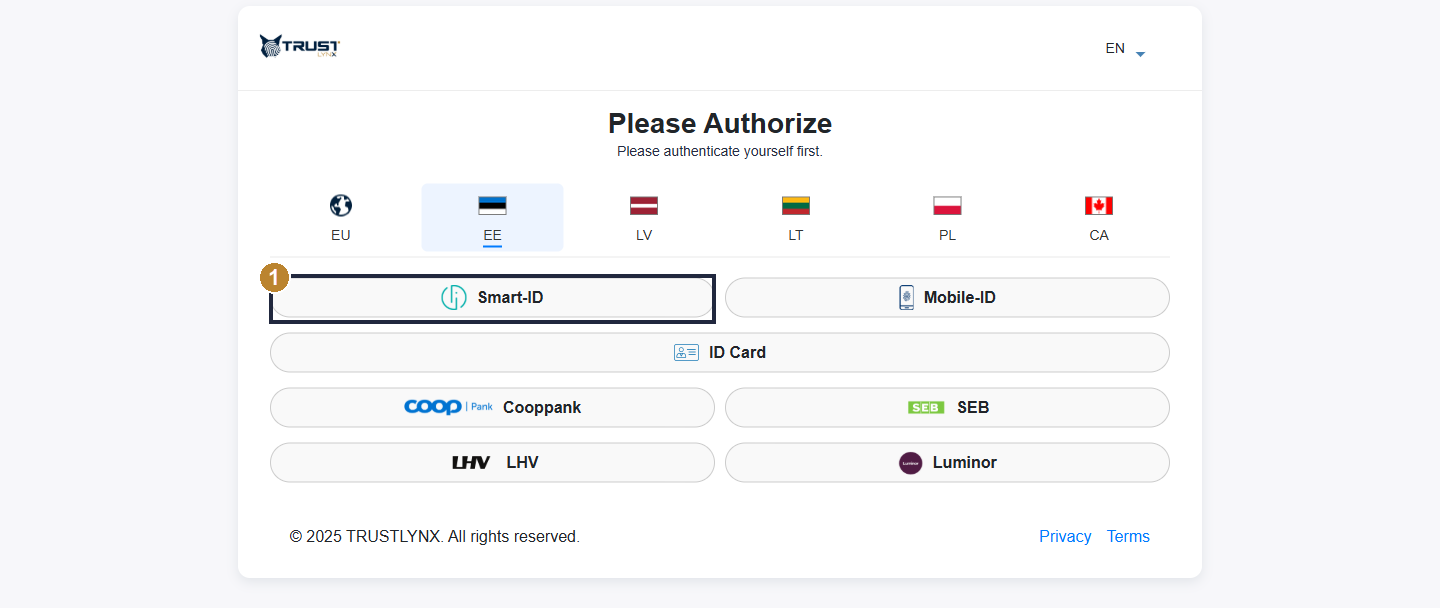Estonia tab selected showing Smart-ID highlighted among Mobile-ID, ID Card and bank methods