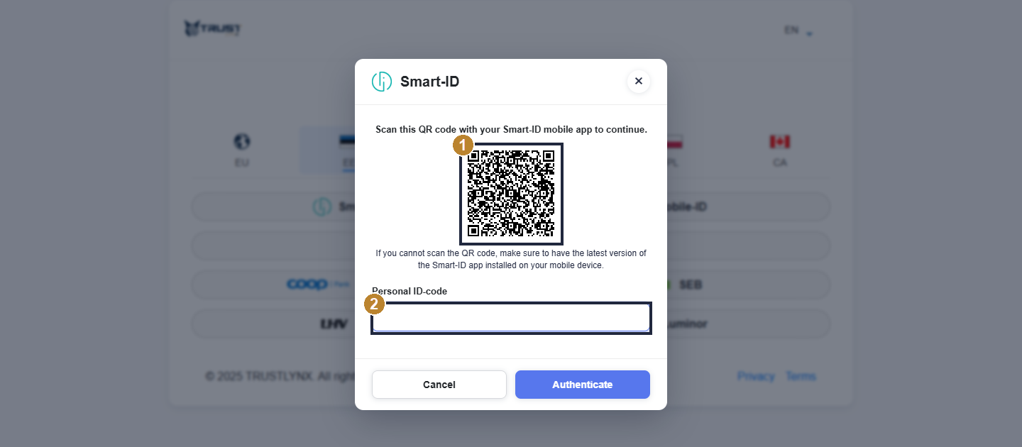 Smart-ID authentication dialog with the QR code and the Personal ID-code field highlighted