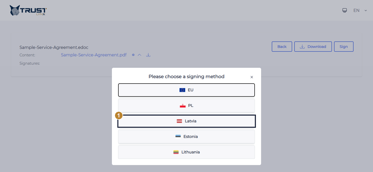 External signing screen asking to choose a signing method, with the Latvia option highlighted