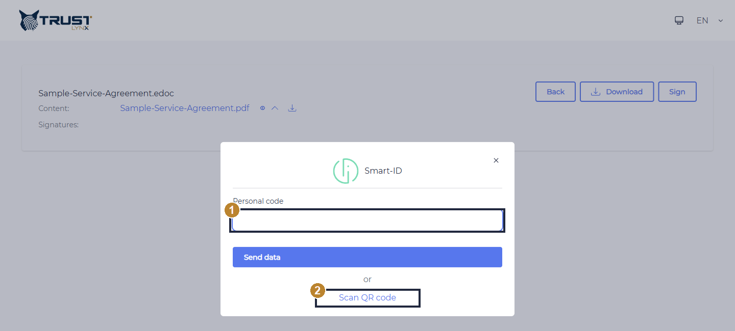 Smart-ID signing dialog with the Personal code field and the Scan QR code link highlighted