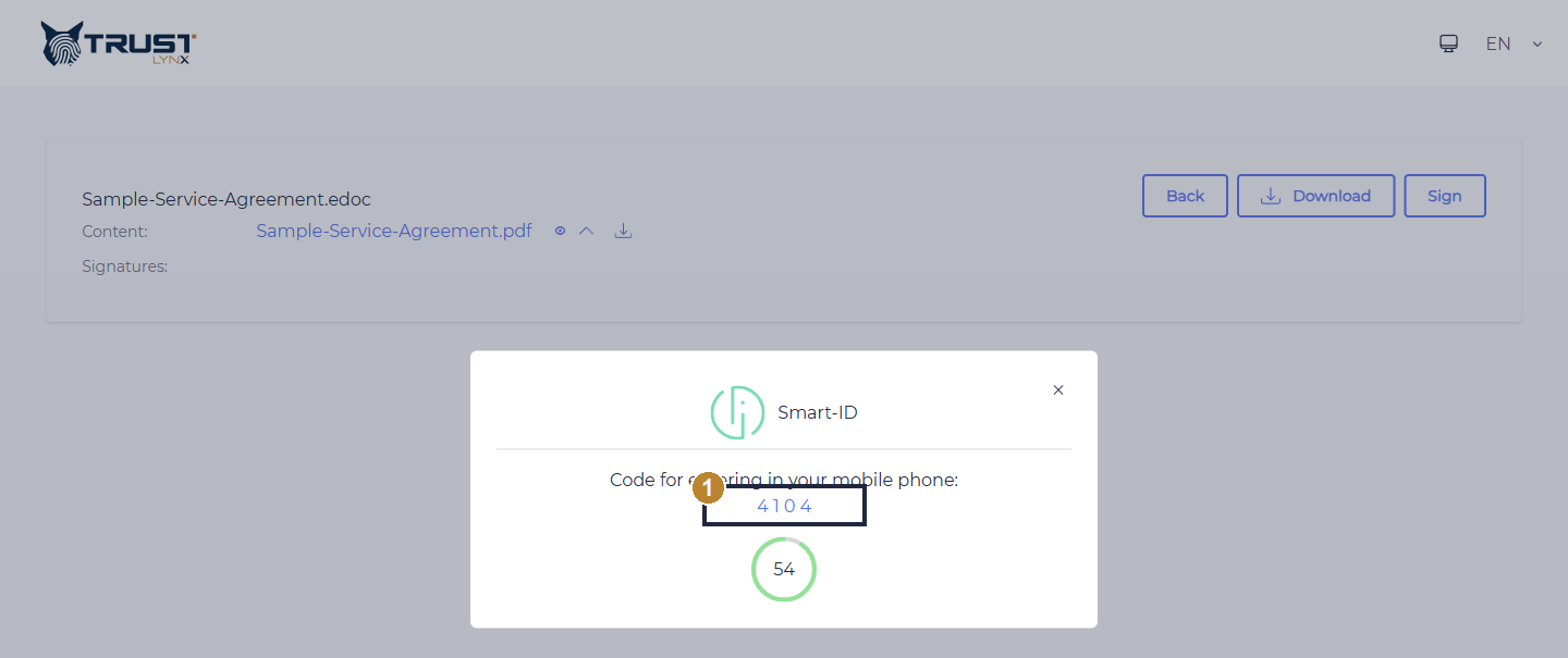 Smart-ID verification code screen showing the code to match in the mobile app and a countdown