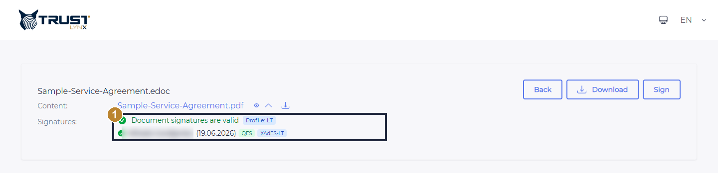 External portal confirming the document signatures are valid, listing the signer with QES and XAdES-LT badges