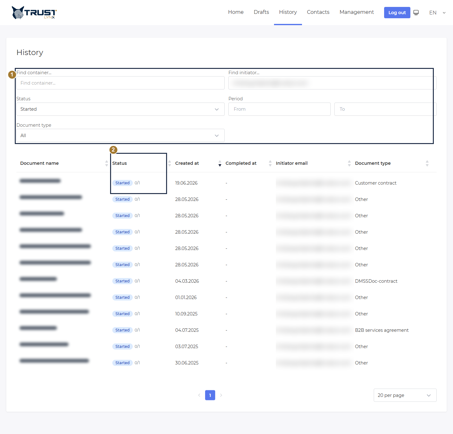 History page with the filter area and the Status column highlighted; document names are masked
