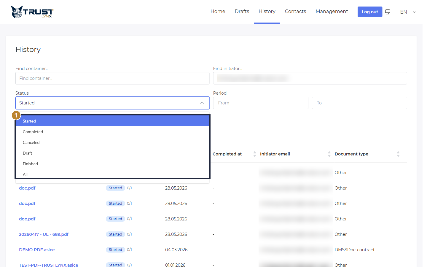 History Status filter open, listing Started, Completed, Canceled, Draft, Finished and All